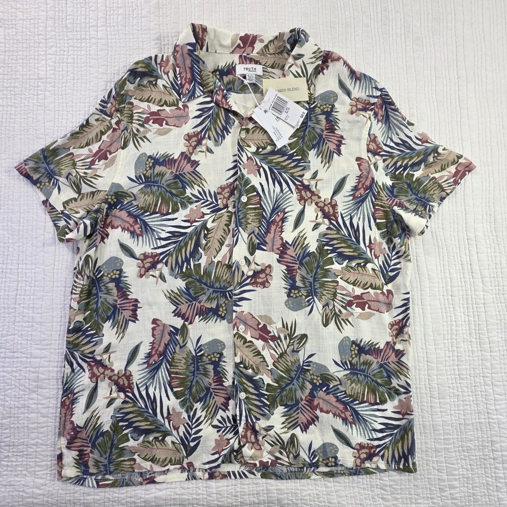 Truth by Republic NWT XL Botanical Flax Resortwear Button Up Hawaiian Aloha Top